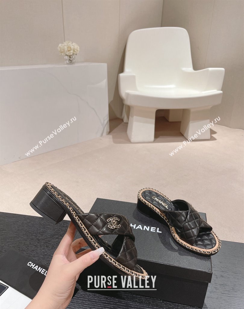 Chanel Quilted Lambskin Heel Slide Sandals 4cm with Chain and Cross Strap Black 2024 0423 (MD-240423060)