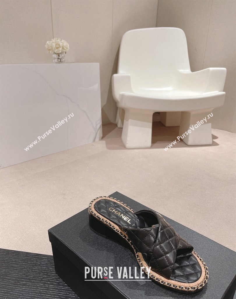 Chanel Quilted Lambskin Heel Slide Sandals 4cm with Chain and Cross Strap Black 2024 0423 (MD-240423060)