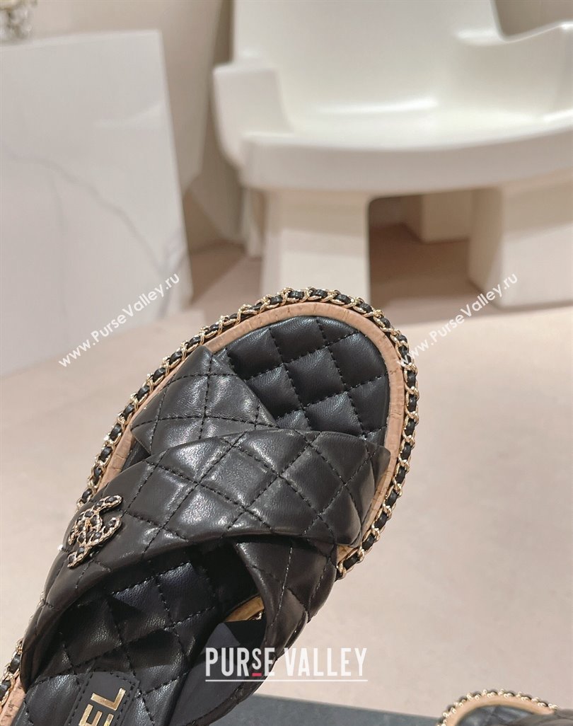 Chanel Quilted Lambskin Heel Slide Sandals 4cm with Chain and Cross Strap Black 2024 0423 (MD-240423060)