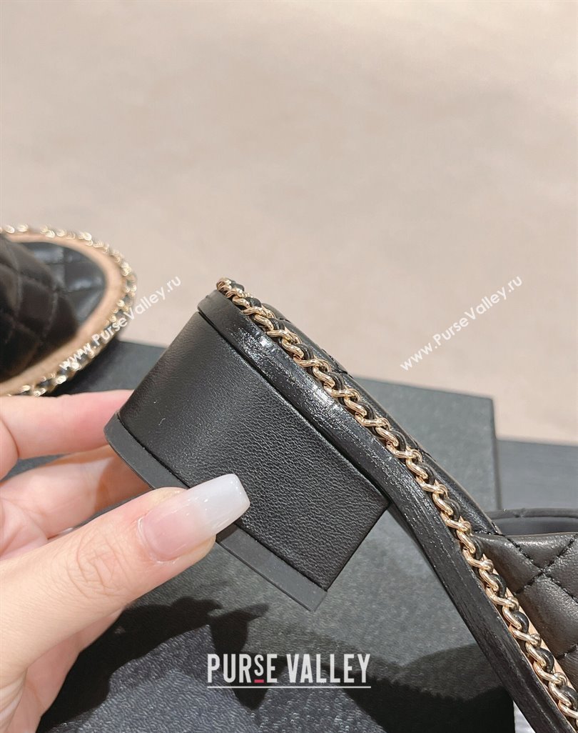 Chanel Quilted Lambskin Heel Slide Sandals 4cm with Chain and Cross Strap Black 2024 0423 (MD-240423060)