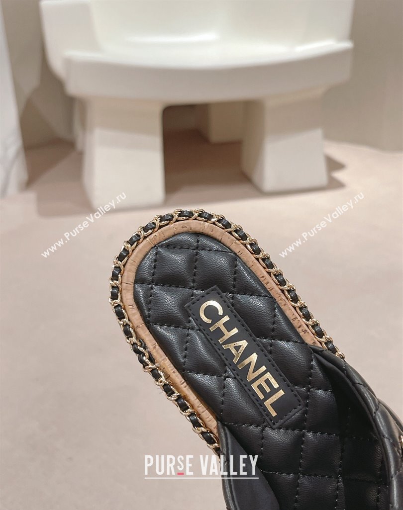 Chanel Quilted Lambskin Heel Slide Sandals 4cm with Chain and Cross Strap Black 2024 0423 (MD-240423060)