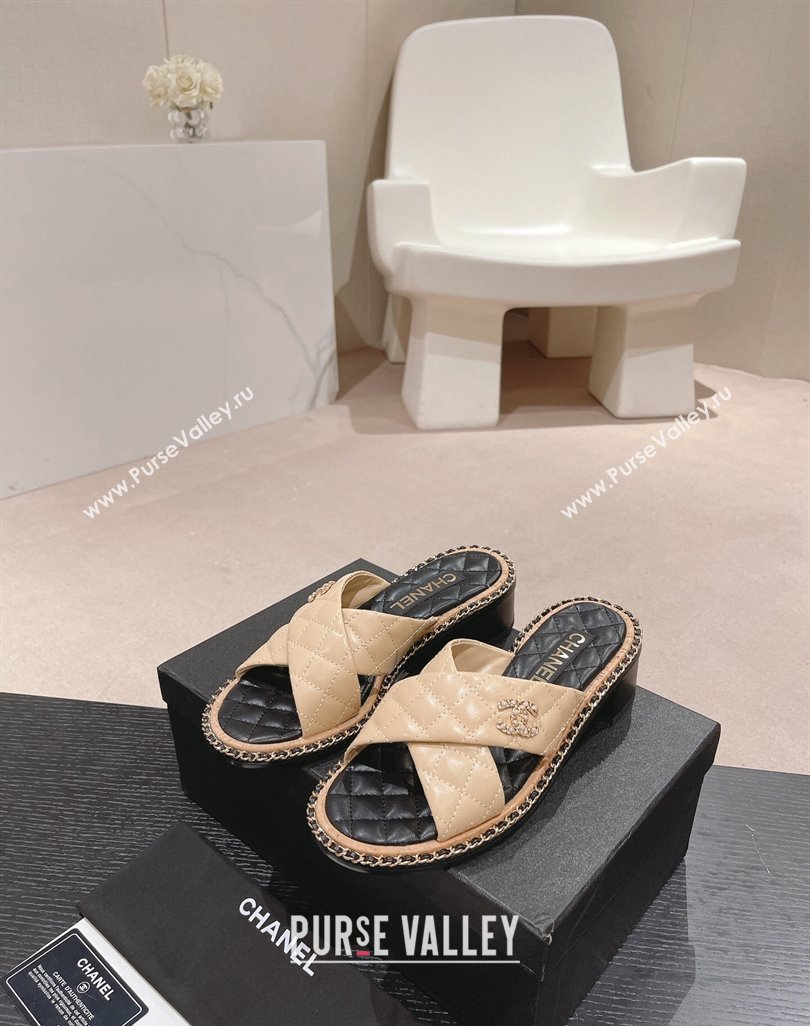 Chanel Quilted Lambskin Heel Slide Sandals 4cm with Chain and Cross Strap Beige 2024 0423 (MD-240423061)