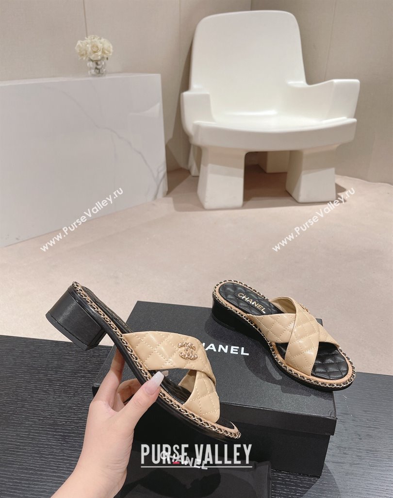 Chanel Quilted Lambskin Heel Slide Sandals 4cm with Chain and Cross Strap Beige 2024 0423 (MD-240423061)