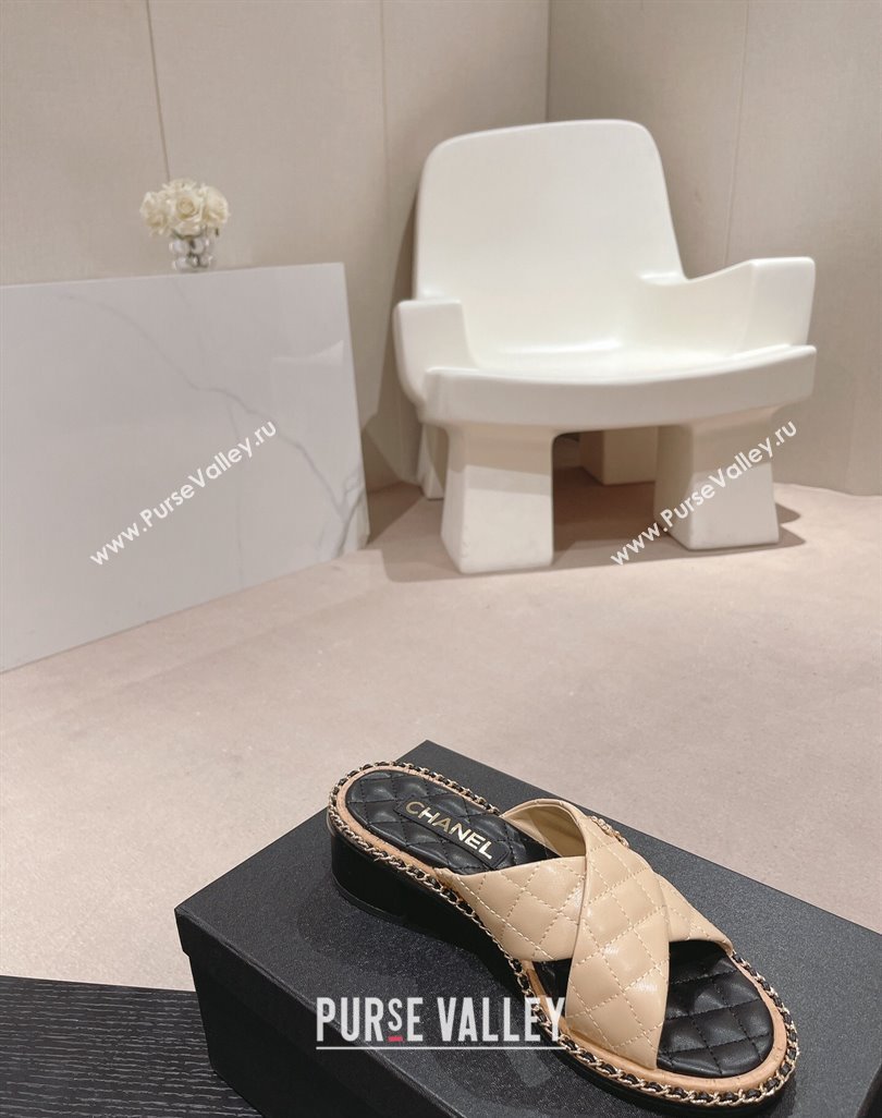 Chanel Quilted Lambskin Heel Slide Sandals 4cm with Chain and Cross Strap Beige 2024 0423 (MD-240423061)