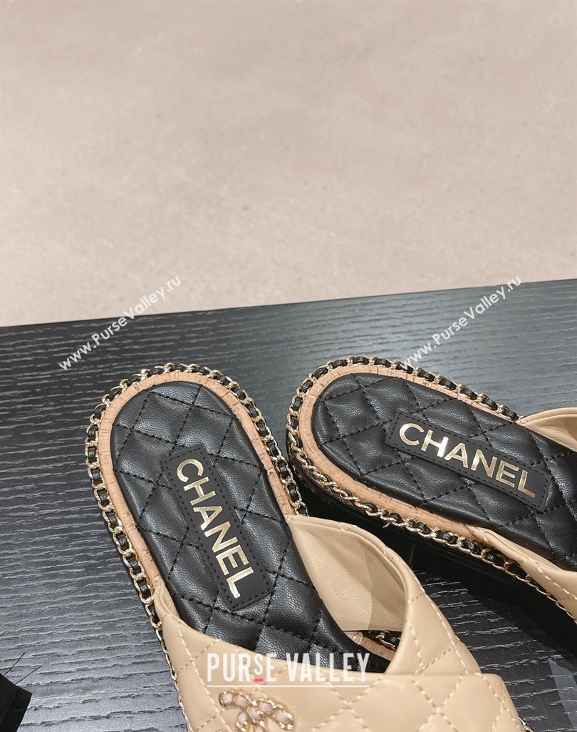 Chanel Quilted Lambskin Heel Slide Sandals 4cm with Chain and Cross Strap Beige 2024 0423 (MD-240423061)