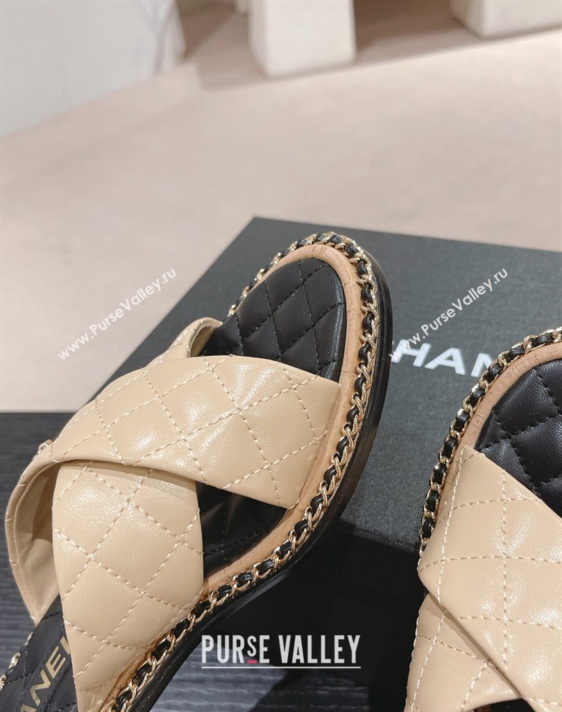 Chanel Quilted Lambskin Heel Slide Sandals 4cm with Chain and Cross Strap Beige 2024 0423 (MD-240423061)