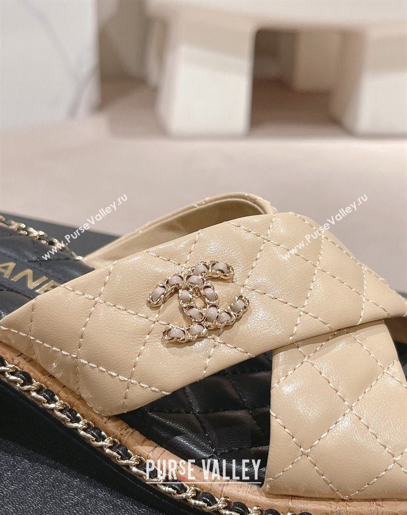 Chanel Quilted Lambskin Heel Slide Sandals 4cm with Chain and Cross Strap Beige 2024 0423 (MD-240423061)