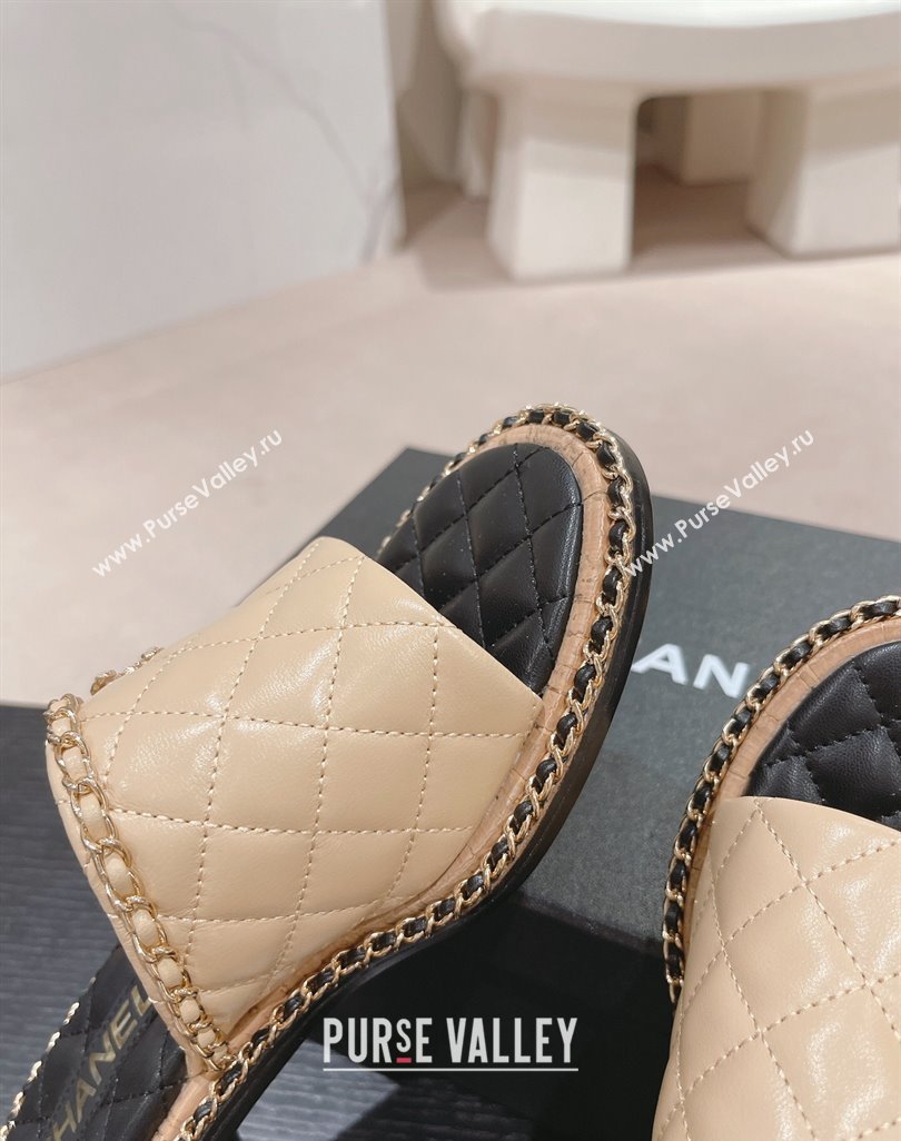 Chanel Quilted Lambskin Heel Slide Sandals 4cm with Chain Charm Beige 2024 0423 (MD-240423065)