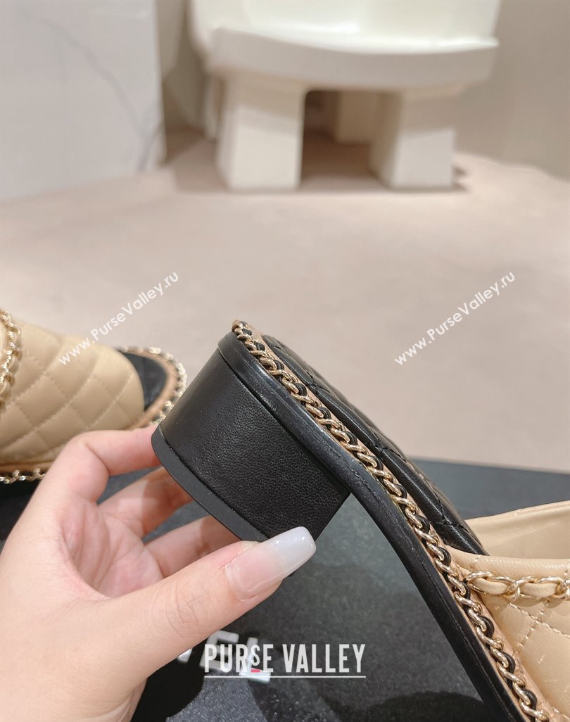 Chanel Quilted Lambskin Heel Slide Sandals 4cm with Chain Charm Beige 2024 0423 (MD-240423065)