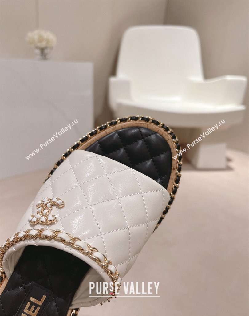Chanel Quilted Lambskin Heel Slide Sandals 4cm with Chain Charm White 2024 0423 (MD-240423066)