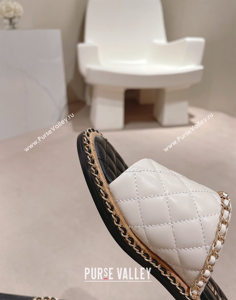 Chanel Quilted Lambskin Heel Slide Sandals 4cm with Chain Charm White 2024 0423 (MD-240423066)
