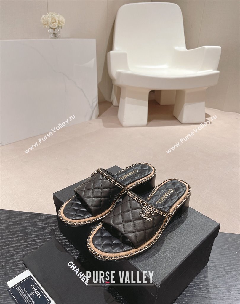 Chanel Quilted Lambskin Heel Slide Sandals 4cm with Chain Charm Black 2024 0423 (MD-240423067)