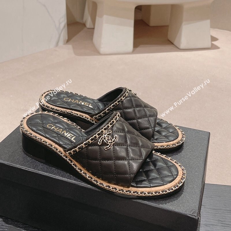 Chanel Quilted Lambskin Heel Slide Sandals 4cm with Chain Charm Black 2024 0423 (MD-240423067)