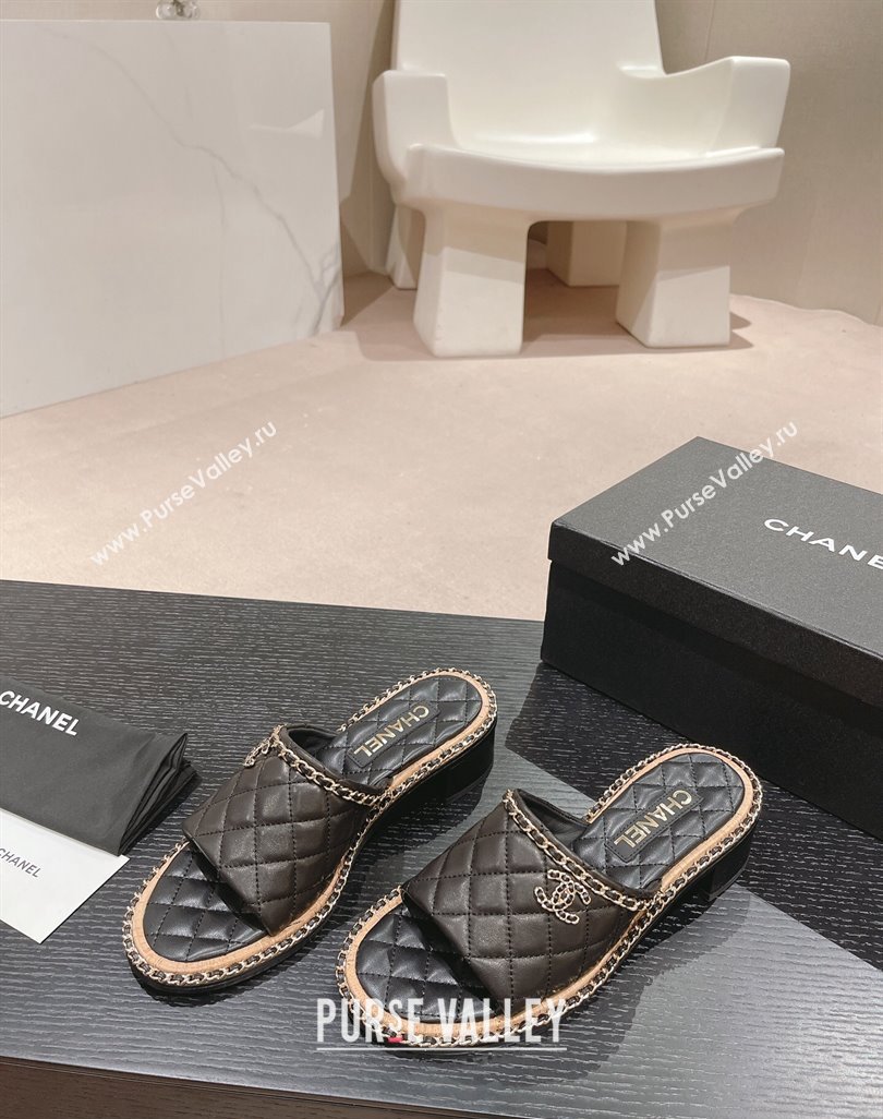 Chanel Quilted Lambskin Heel Slide Sandals 4cm with Chain Charm Black 2024 0423 (MD-240423067)