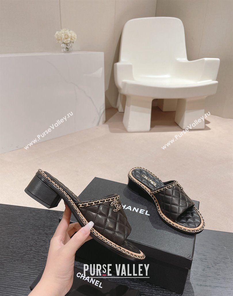 Chanel Quilted Lambskin Heel Slide Sandals 4cm with Chain Charm Black 2024 0423 (MD-240423067)