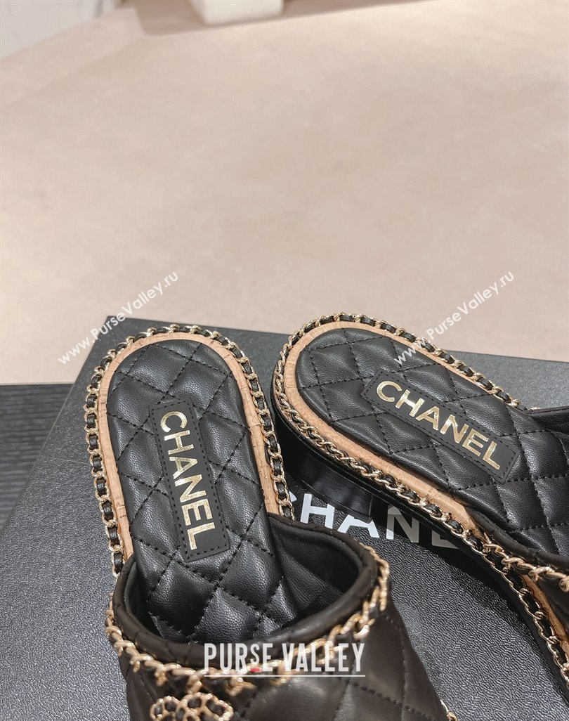 Chanel Quilted Lambskin Heel Slide Sandals 4cm with Chain Charm Black 2024 0423 (MD-240423067)