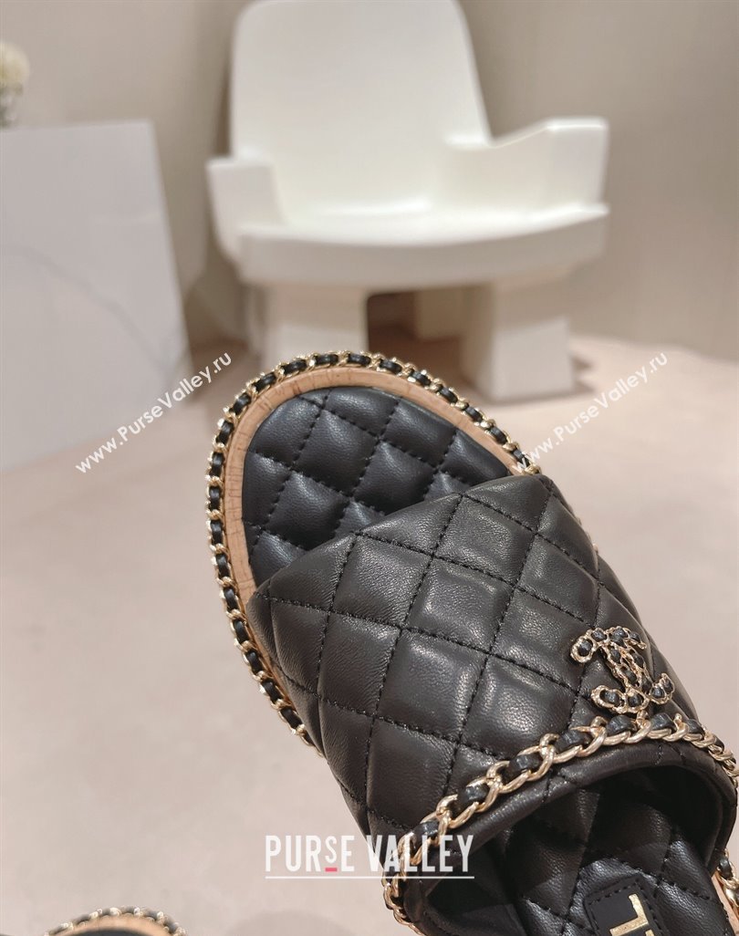 Chanel Quilted Lambskin Heel Slide Sandals 4cm with Chain Charm Black 2024 0423 (MD-240423067)