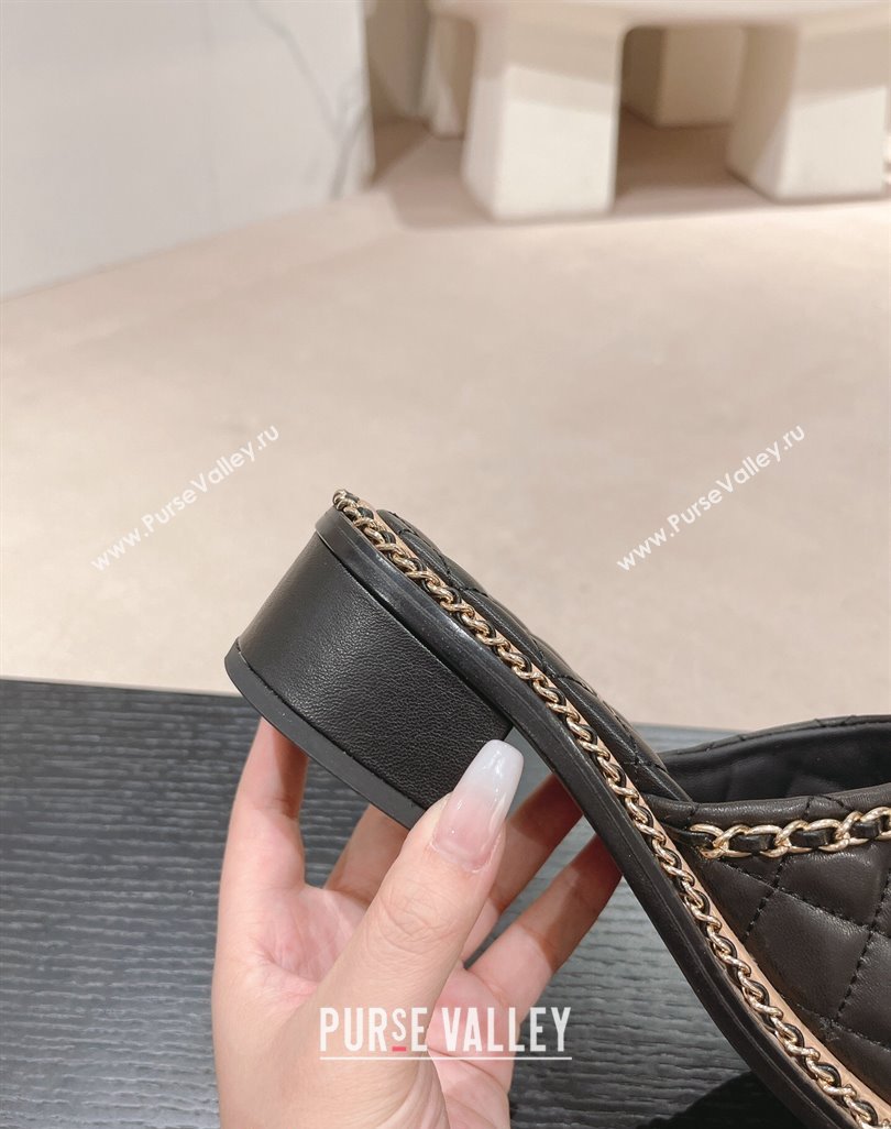 Chanel Quilted Lambskin Heel Slide Sandals 4cm with Chain Charm Black 2024 0423 (MD-240423067)