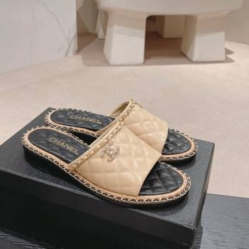 Chanel Quilted Lambskin Flat Slide Sandals with Chain Charm Beige 2024 0423 (MD-240423069)