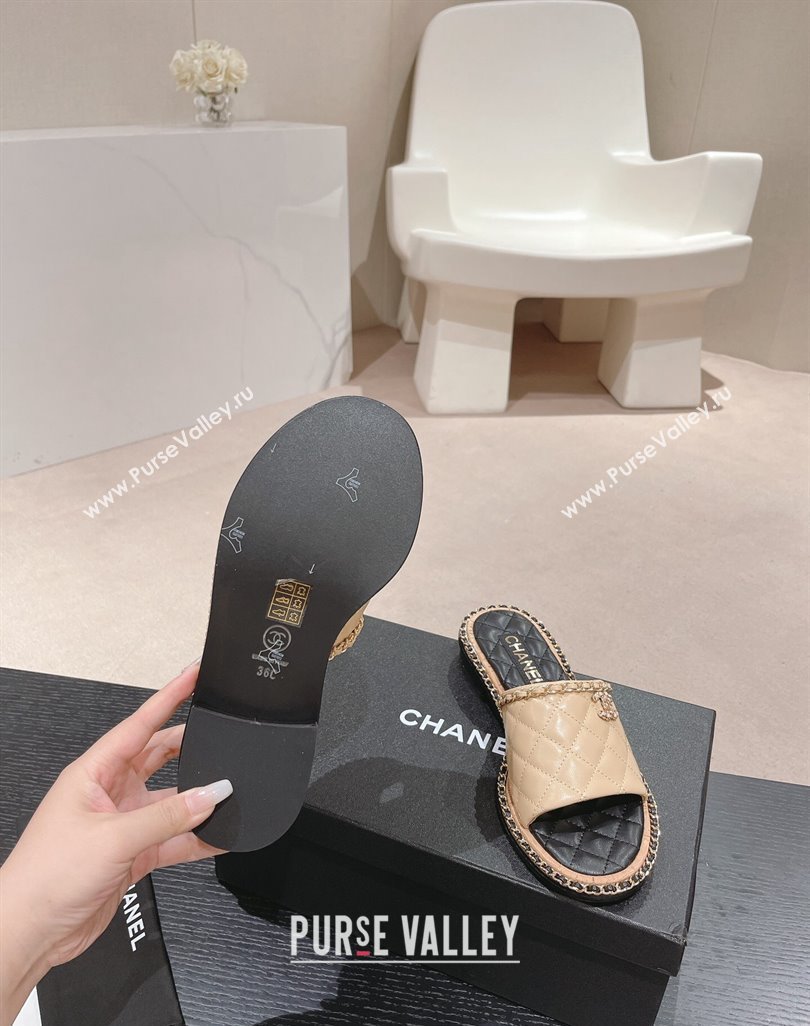 Chanel Quilted Lambskin Flat Slide Sandals with Chain Charm Beige 2024 0423 (MD-240423069)