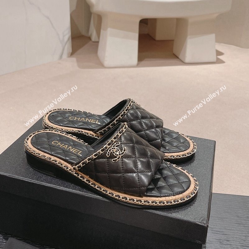 Chanel Quilted Lambskin Flat Slide Sandals with Chain Charm Black 2024 0423 (MD-240423071)