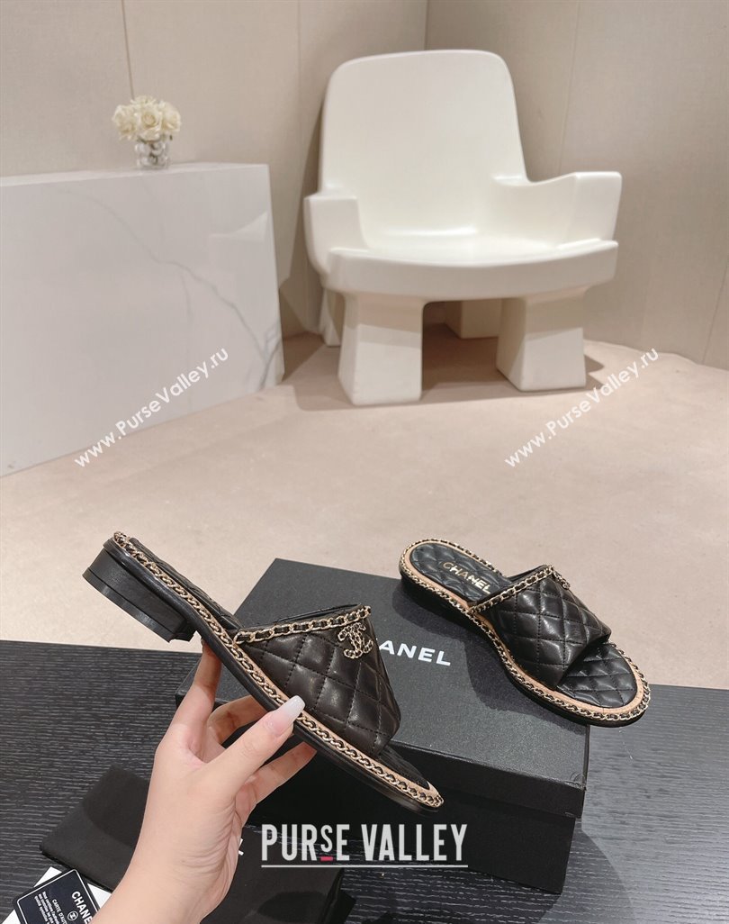 Chanel Quilted Lambskin Flat Slide Sandals with Chain Charm Black 2024 0423 (MD-240423071)