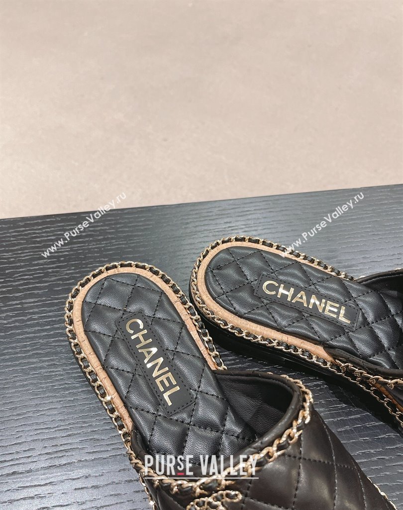 Chanel Quilted Lambskin Flat Slide Sandals with Chain Charm Black 2024 0423 (MD-240423071)