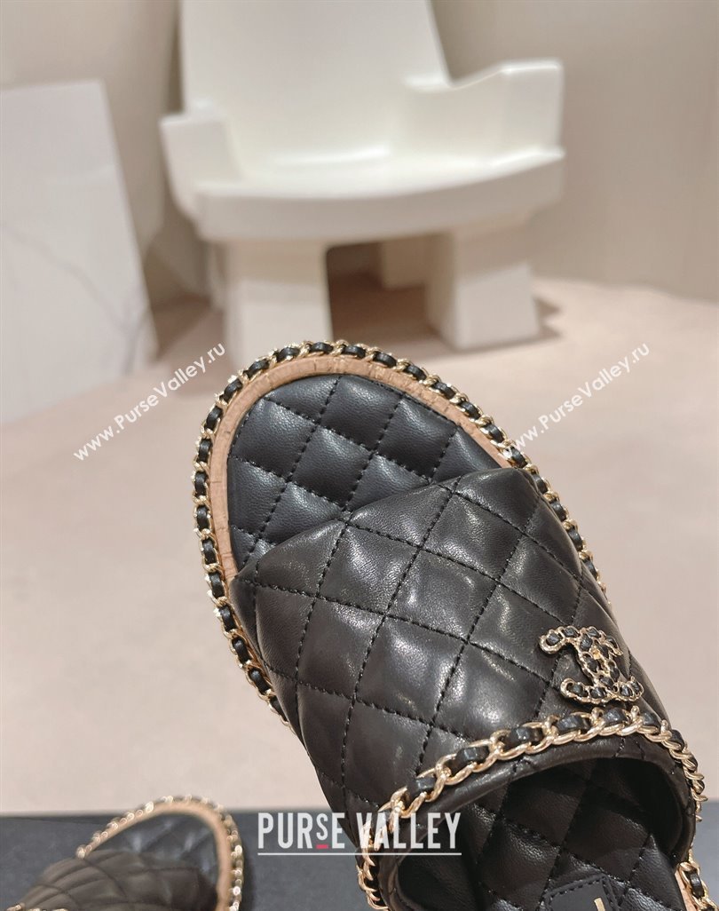 Chanel Quilted Lambskin Flat Slide Sandals with Chain Charm Black 2024 0423 (MD-240423071)