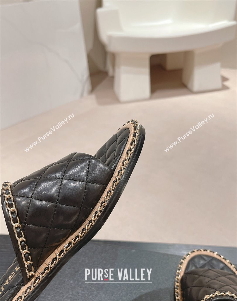 Chanel Quilted Lambskin Flat Slide Sandals with Chain Charm Black 2024 0423 (MD-240423071)