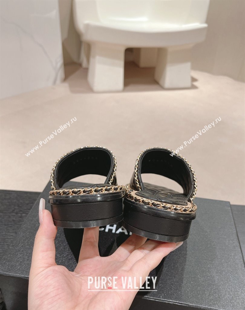 Chanel Quilted Lambskin Flat Slide Sandals with Chain Charm Black 2024 0423 (MD-240423071)
