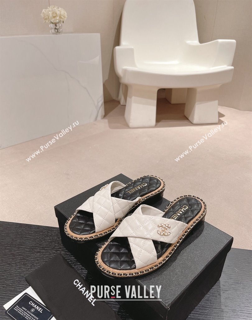 Chanel Quilted Lambskin Flat Slide Sandals with Chain and Cross Strap White 2024 0423 (MD-240423062)