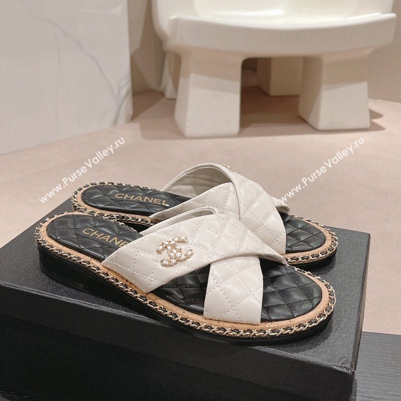 Chanel Quilted Lambskin Flat Slide Sandals with Chain and Cross Strap White 2024 0423 (MD-240423062)