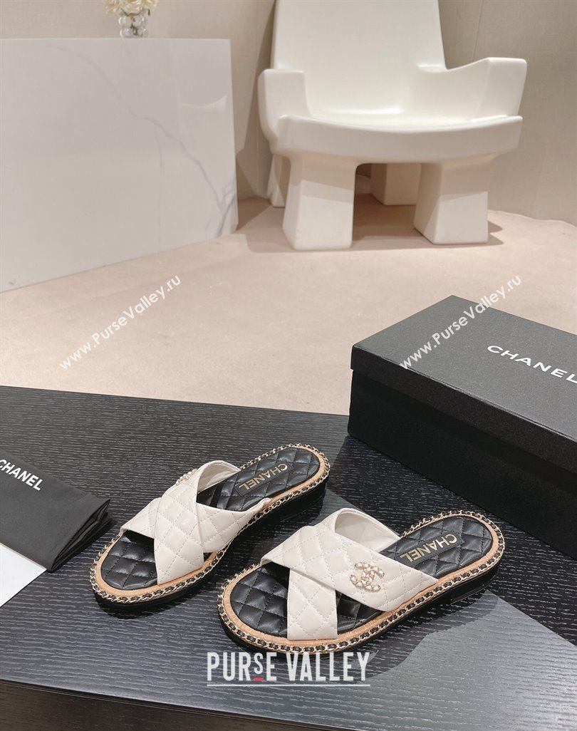 Chanel Quilted Lambskin Flat Slide Sandals with Chain and Cross Strap White 2024 0423 (MD-240423062)