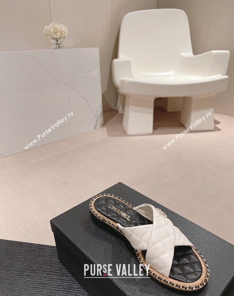 Chanel Quilted Lambskin Flat Slide Sandals with Chain and Cross Strap White 2024 0423 (MD-240423062)