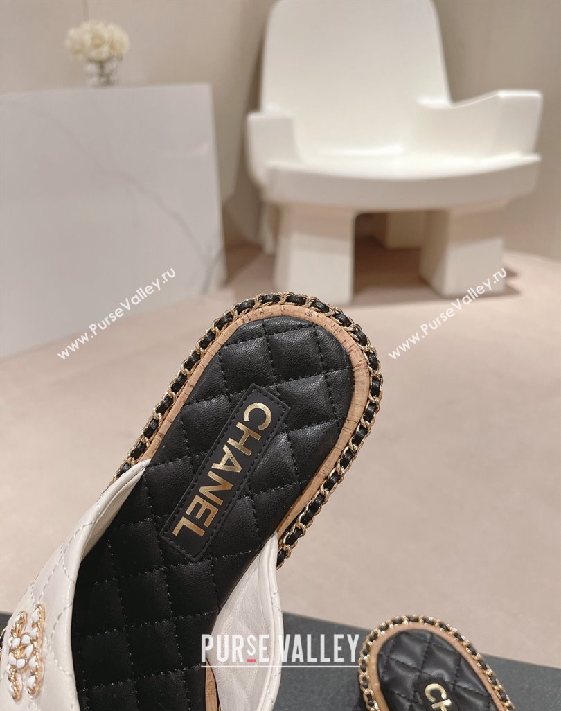 Chanel Quilted Lambskin Flat Slide Sandals with Chain and Cross Strap White 2024 0423 (MD-240423062)