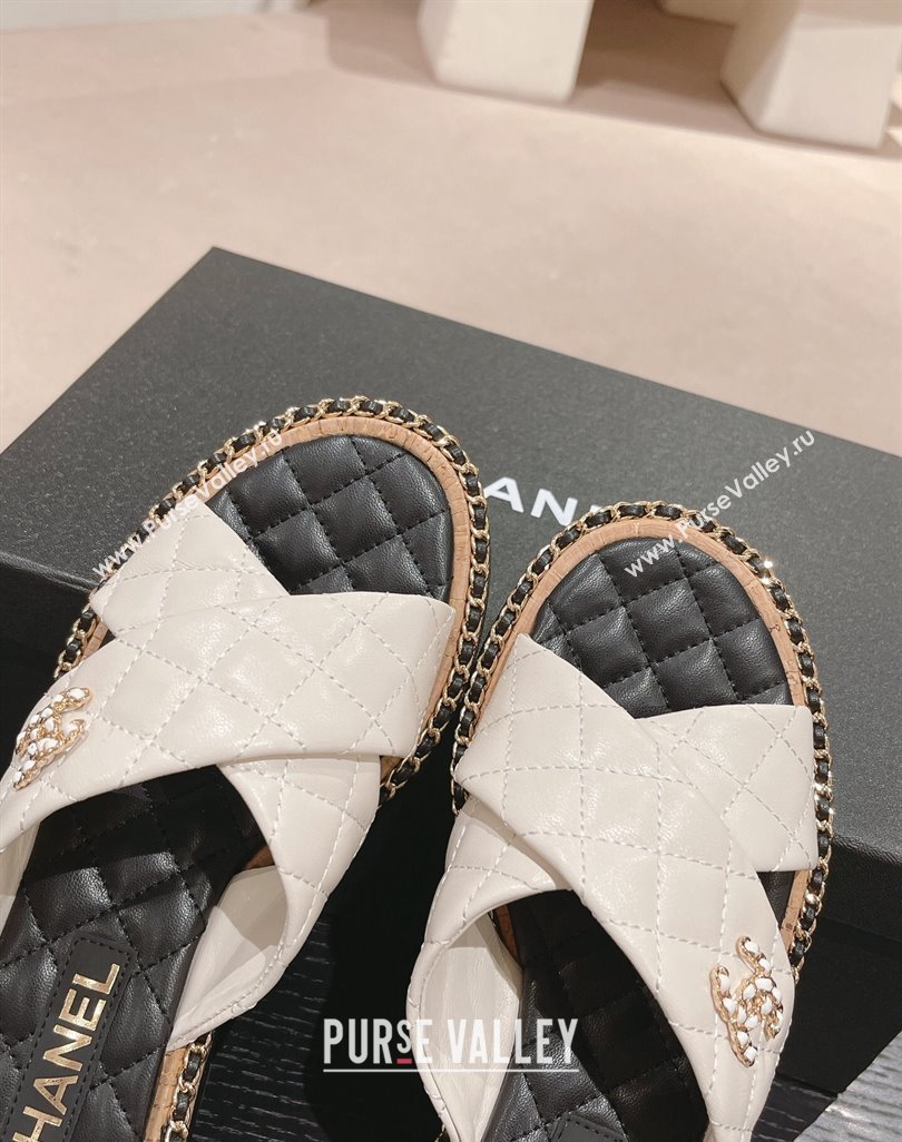 Chanel Quilted Lambskin Flat Slide Sandals with Chain and Cross Strap White 2024 0423 (MD-240423062)