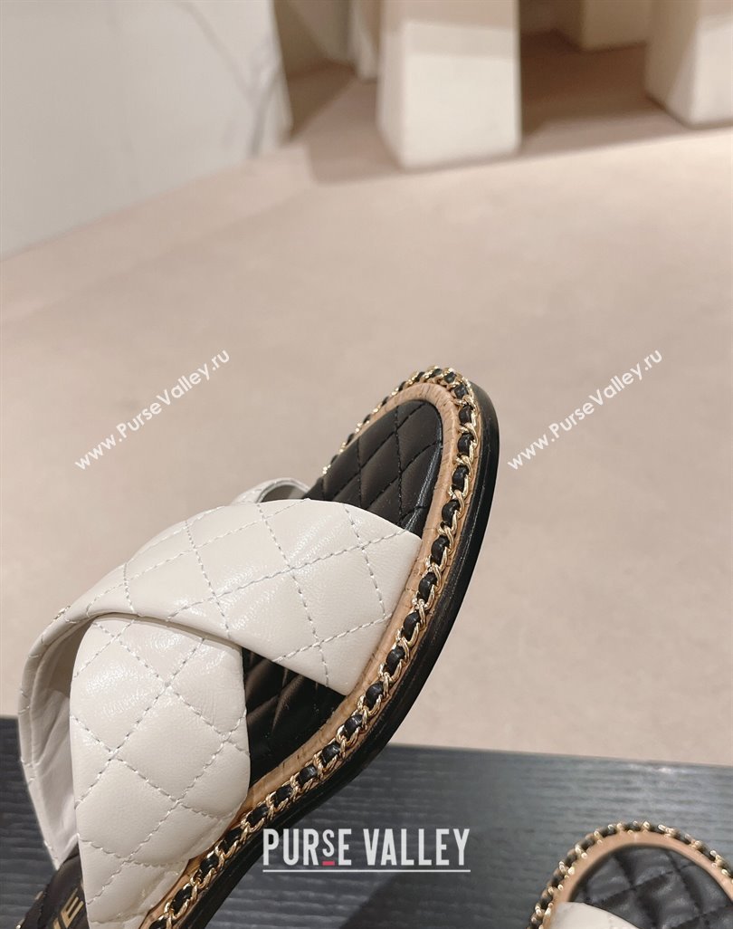 Chanel Quilted Lambskin Flat Slide Sandals with Chain and Cross Strap White 2024 0423 (MD-240423062)