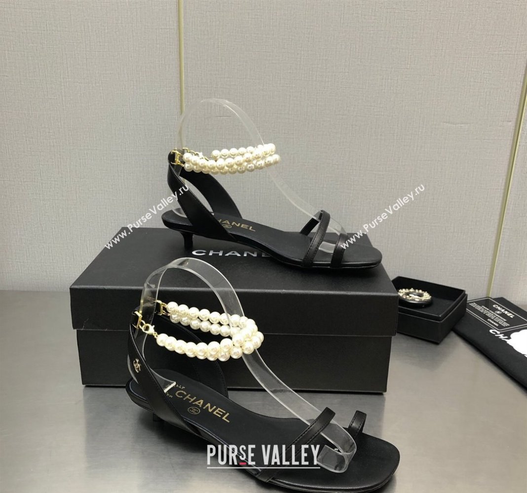 Chanel Lambskin Heel Sandals with Pearls Ankle Strap Black 2024 0423 (MD-240423001)