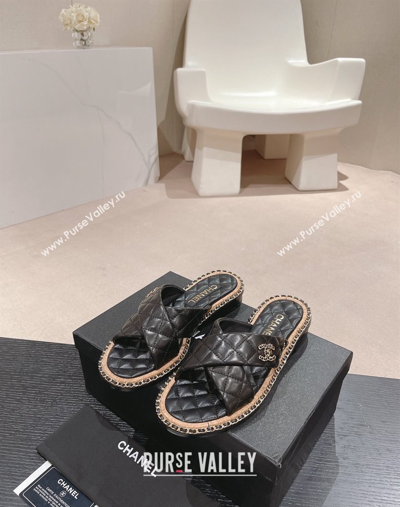 Chanel Quilted Lambskin Flat Slide Sandals with Chain and Cross Strap Black 2024 0423 (MD-240423063)