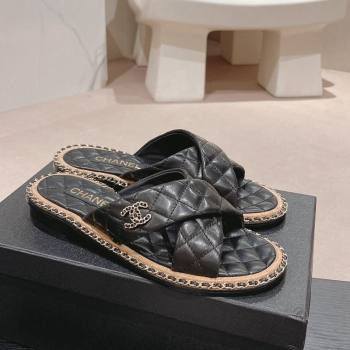 Chanel Quilted Lambskin Flat Slide Sandals with Chain and Cross Strap Black 2024 0423 (MD-240423063)