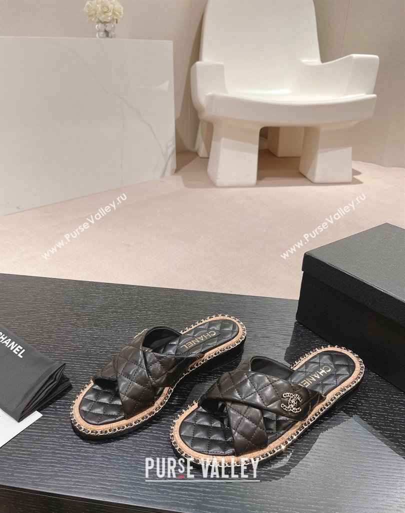 Chanel Quilted Lambskin Flat Slide Sandals with Chain and Cross Strap Black 2024 0423 (MD-240423063)