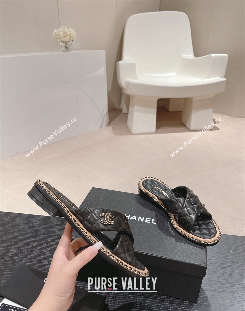 Chanel Quilted Lambskin Flat Slide Sandals with Chain and Cross Strap Black 2024 0423 (MD-240423063)