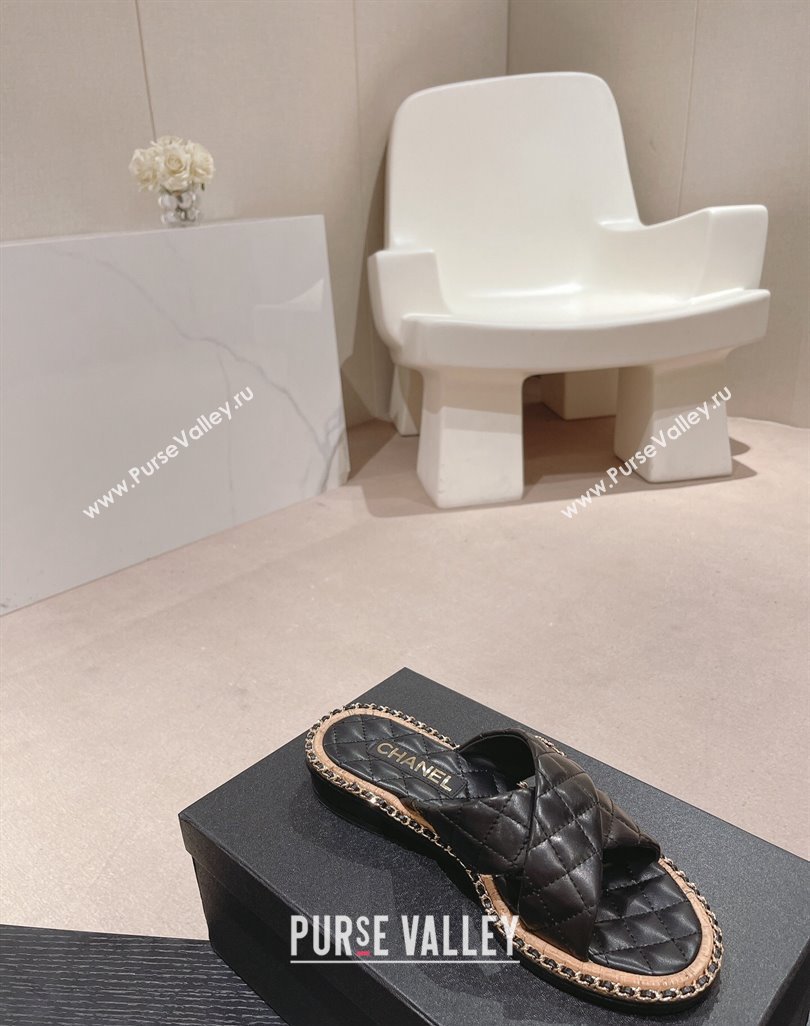 Chanel Quilted Lambskin Flat Slide Sandals with Chain and Cross Strap Black 2024 0423 (MD-240423063)