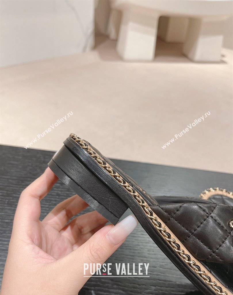 Chanel Quilted Lambskin Flat Slide Sandals with Chain and Cross Strap Black 2024 0423 (MD-240423063)