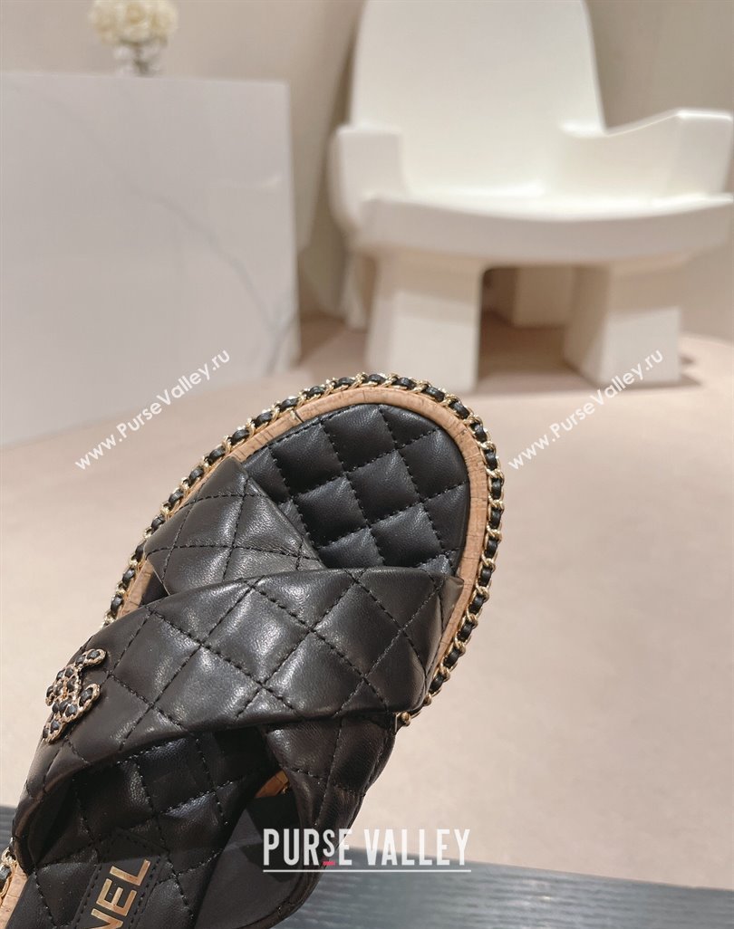 Chanel Quilted Lambskin Flat Slide Sandals with Chain and Cross Strap Black 2024 0423 (MD-240423063)