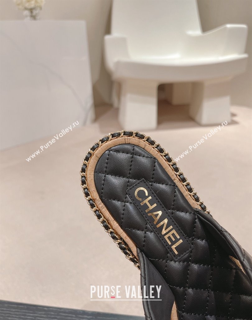 Chanel Quilted Lambskin Flat Slide Sandals with Chain and Cross Strap Black 2024 0423 (MD-240423063)