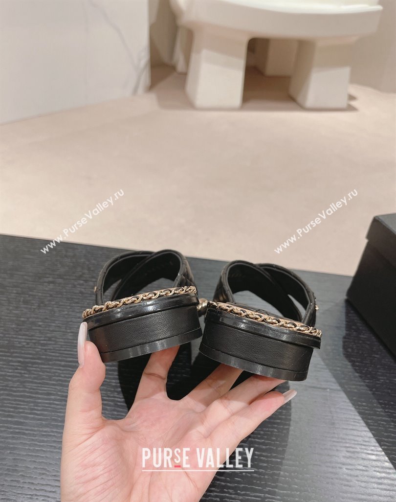 Chanel Quilted Lambskin Flat Slide Sandals with Chain and Cross Strap Black 2024 0423 (MD-240423063)