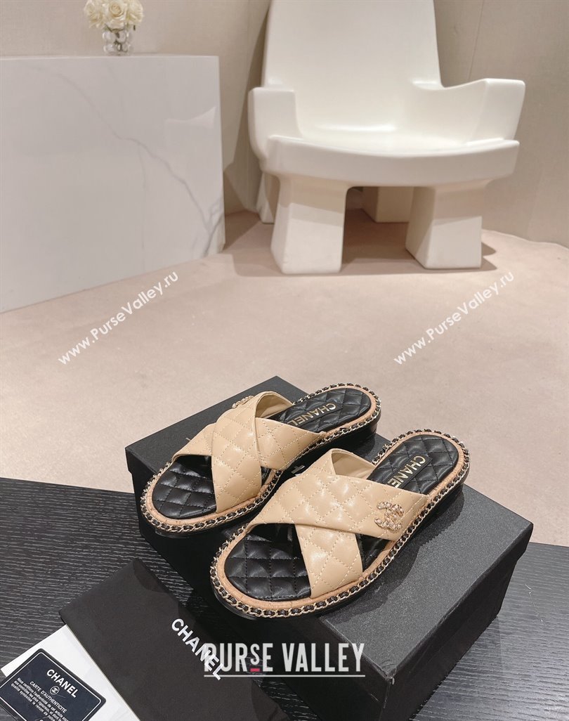 Chanel Quilted Lambskin Flat Slide Sandals with Chain and Cross Strap Beige 2024 0423 (MD-240423064)