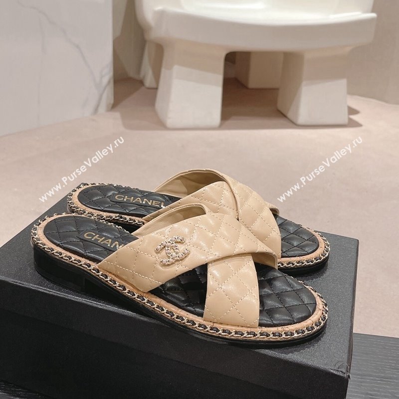 Chanel Quilted Lambskin Flat Slide Sandals with Chain and Cross Strap Beige 2024 0423 (MD-240423064)