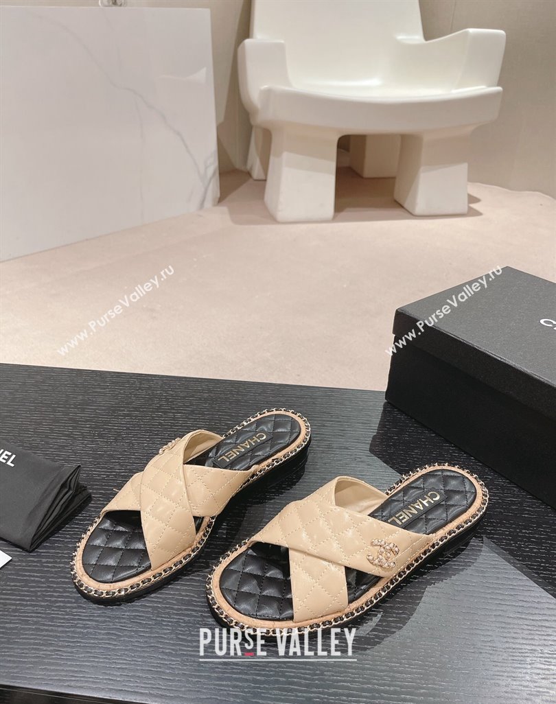 Chanel Quilted Lambskin Flat Slide Sandals with Chain and Cross Strap Beige 2024 0423 (MD-240423064)